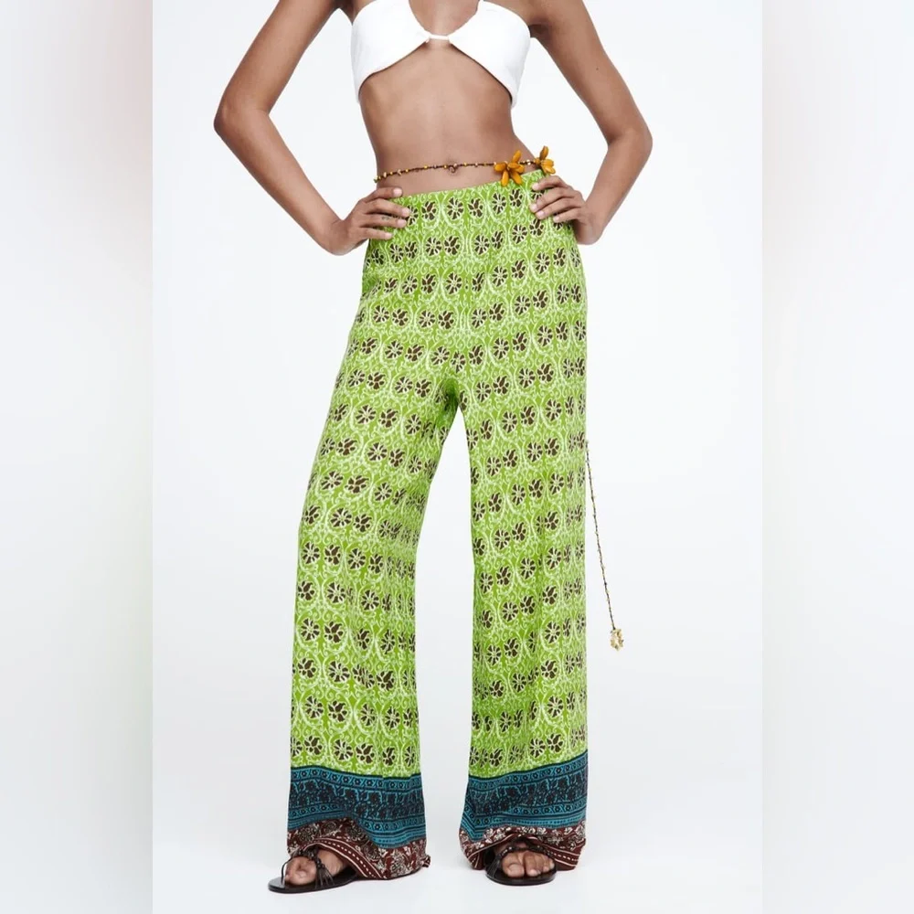 NWOT ZARA Full-Length Printed Trousers‎ Flowy Wide Leg Viscose LARGE 7484/159